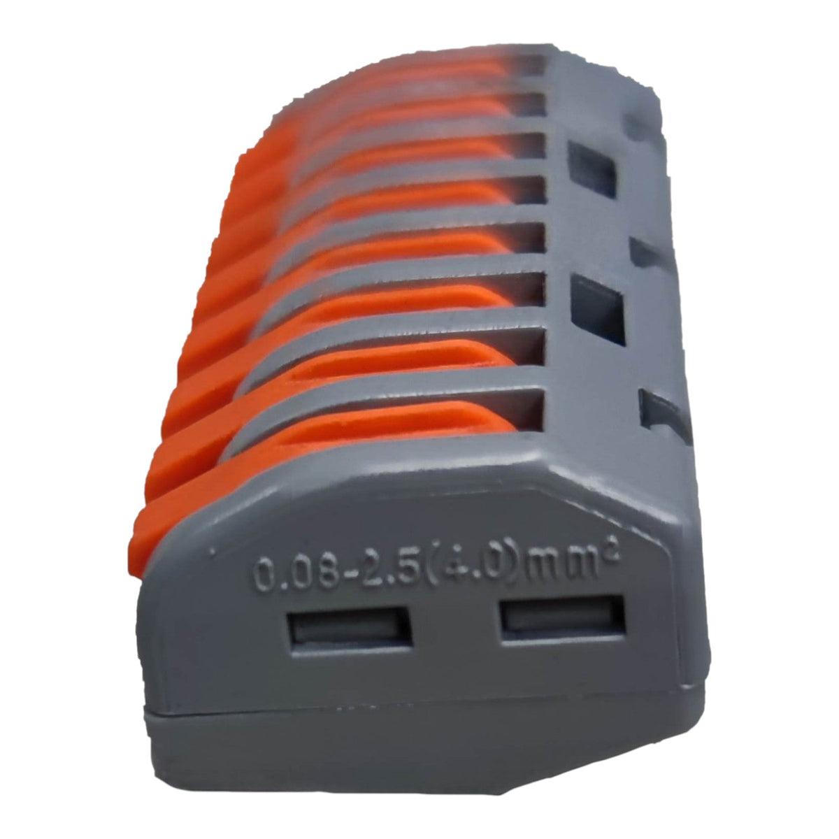 Gray and orange electrical connector on a white background