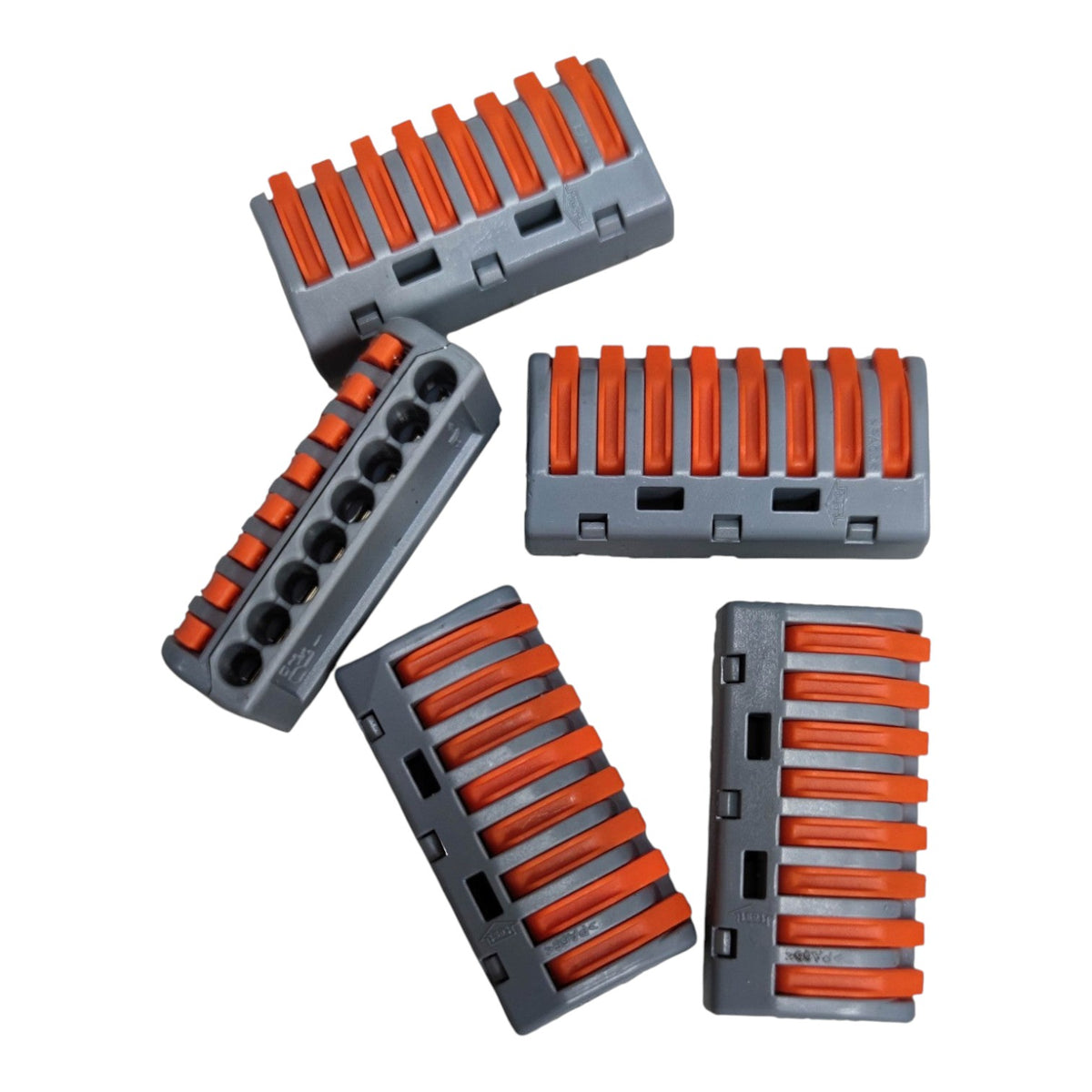 Set of gray and orange plastic components on a white background