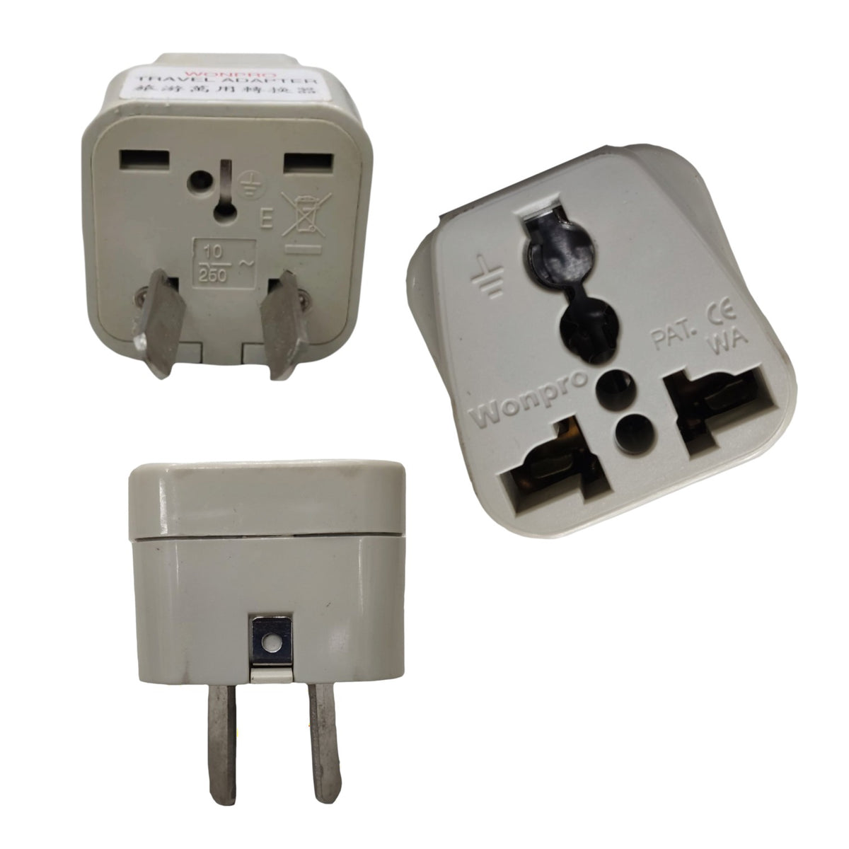 Three views of a Wonpro 10A 250V UK three-pin wall plug adapter on a plain white background.