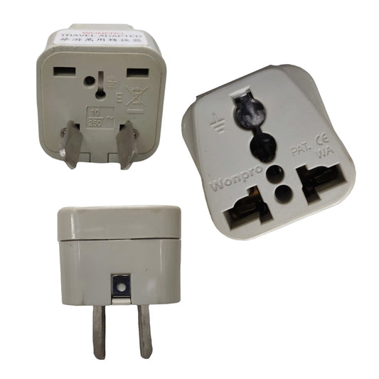 Three views of a Wonpro 10A 250V UK three-pin wall plug adapter on a plain white background.