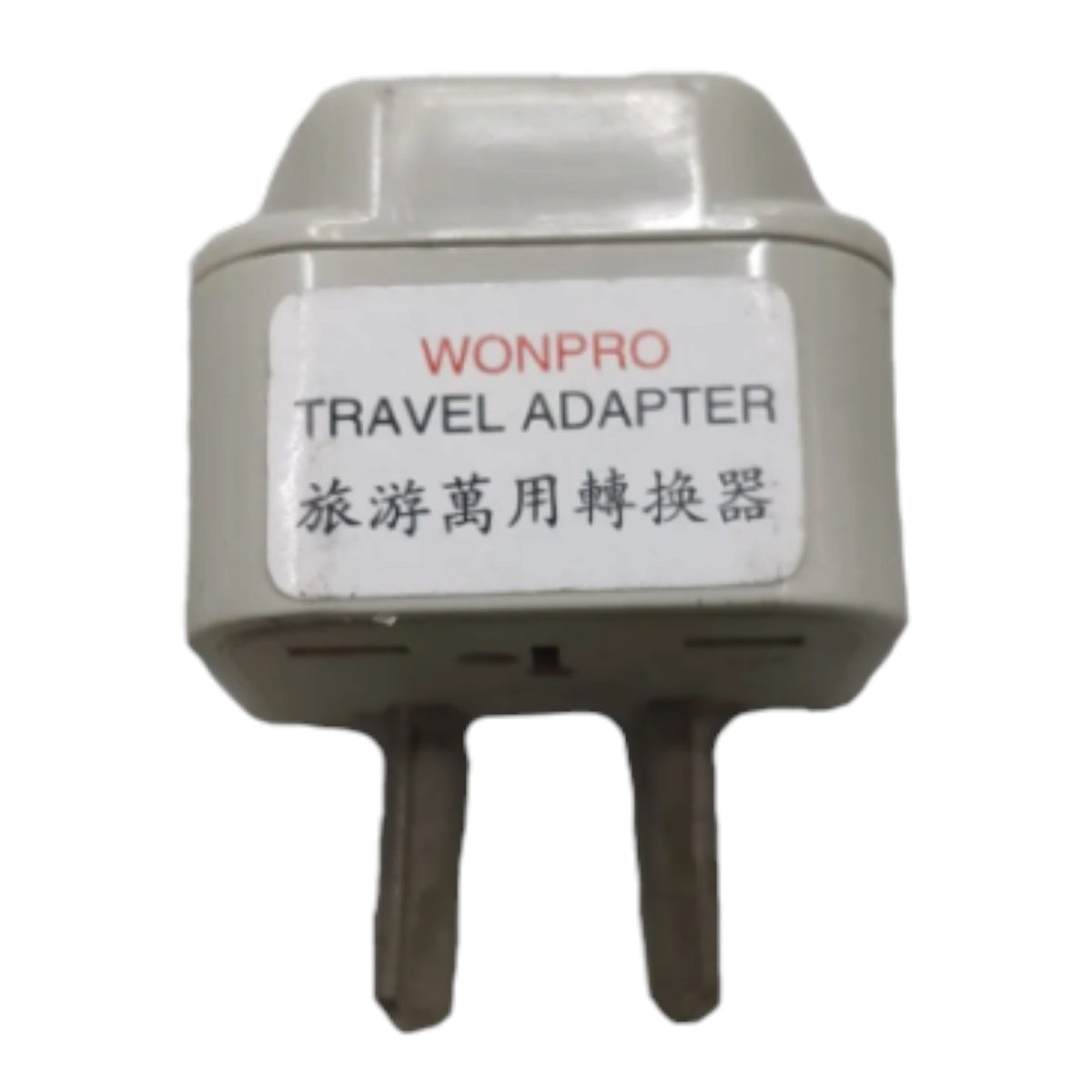 A Wonpro travel adapter plug with two pins, featuring a white label with red and black text on a plain white background.