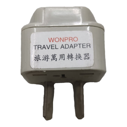 A Wonpro travel adapter plug with two metal pins, featuring a white label with red and black text on a light gray plastic body, isolated on a white background.
