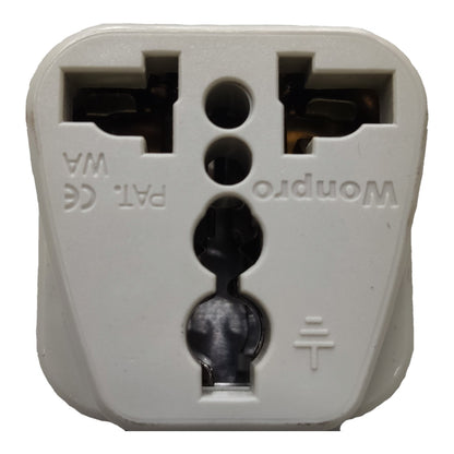 A close-up of a white plastic UK three-pin wall plug socket with the brand name 'Wonpro' embossed on the front.