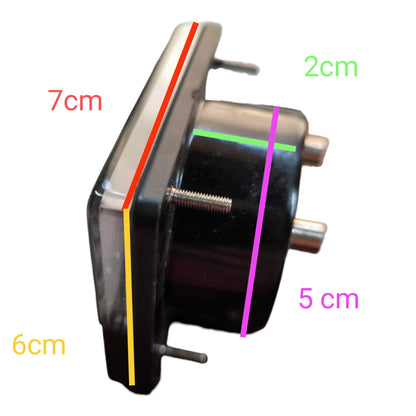 A black cylindrical mechanical component with a silver metal bracket and threaded stud, shown on a white background with colored measurement lines and labels indicating dimensions 7 cm, 6 cm, 2 cm, and 5 cm.