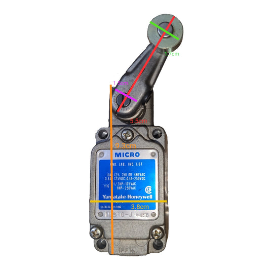 A metal industrial actuator with a blue MICRO brand nameplate, overlaid with colored measurement lines and dimension labels indicating 3.5mm, 1.