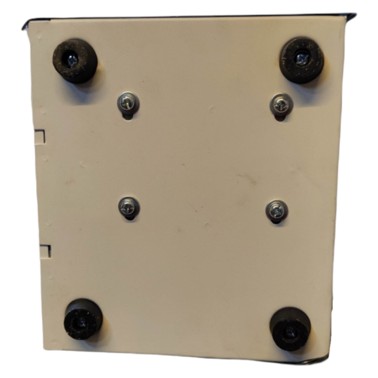 Beige square object with multiple screws on a white background