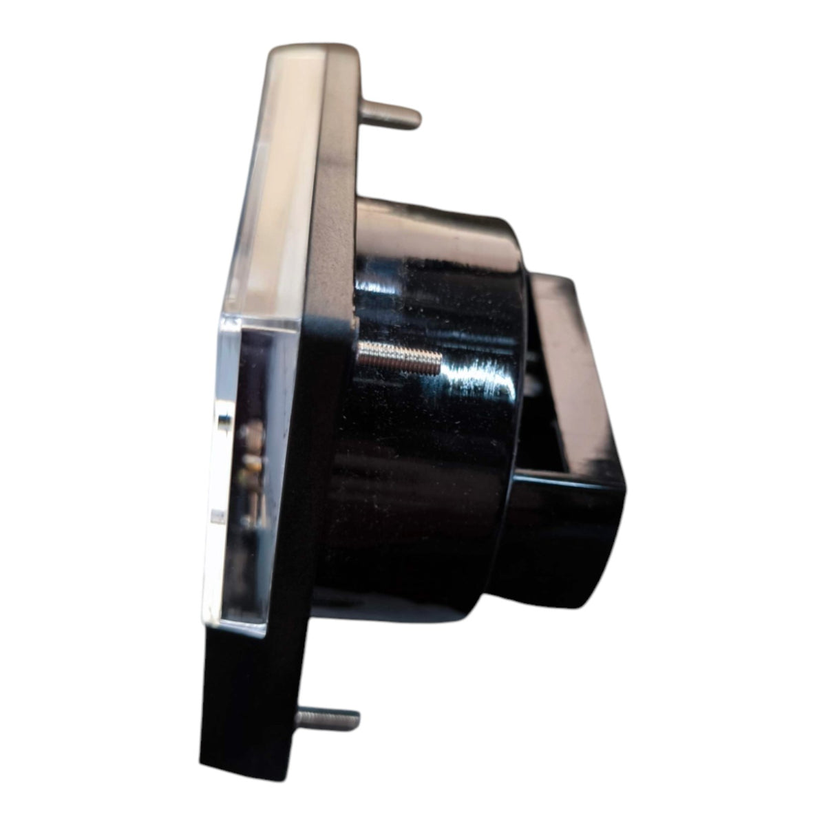 A black plastic automotive or motorcycle turn signal switch assembly with a clear lens cover and silver metal mounting pins, shown against a plain white background.