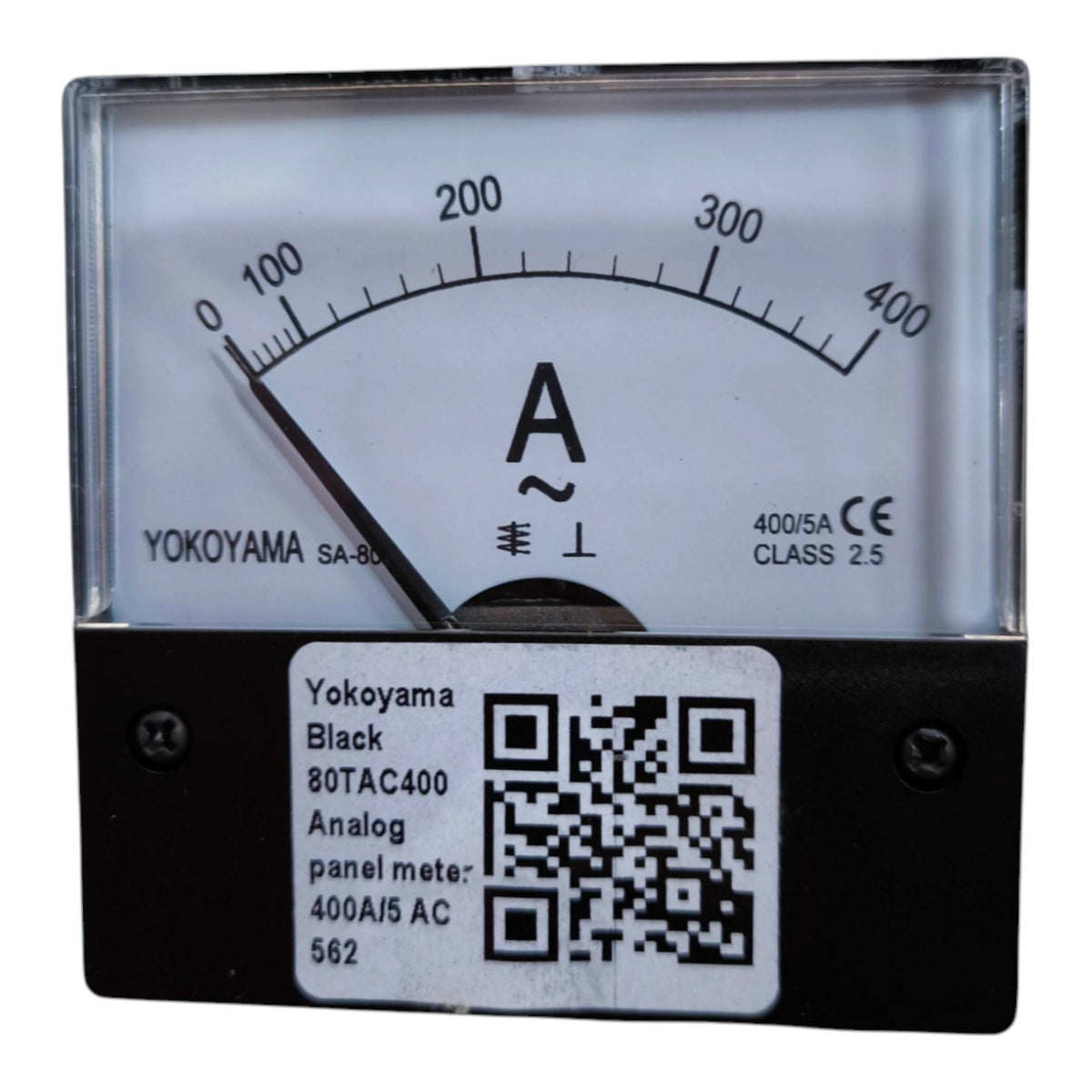 Yokoyama SA-80 analog panel meter with a black housing, clear protective cover, and white scale face, featuring a black pointer and a white label with a QR code.