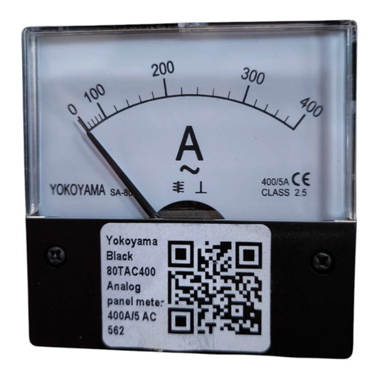 Yokoyama SA-80 analog panel meter with a black housing, clear protective cover, and white scale face, featuring a black pointer and a white label with a QR code.