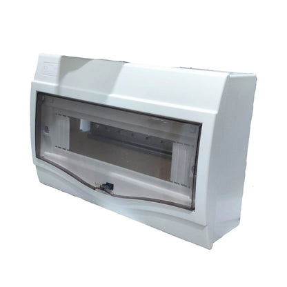 A white electrical distribution board enclosure with a transparent front door, shown at an angle on a white background.