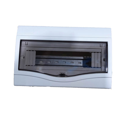 A white electrical distribution board or circuit breaker box with a transparent front cover showing internal components, isolated on a white background.