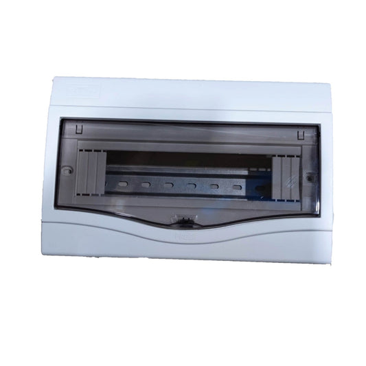 A white electrical distribution board or circuit breaker box with a transparent front cover showing internal components, isolated on a white background.