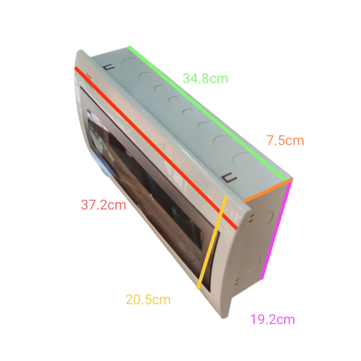 A white electrical panel or switch box shown at an angle with colored measurement lines and dimensions labeled in centimeters: 34.8 cm, 7.