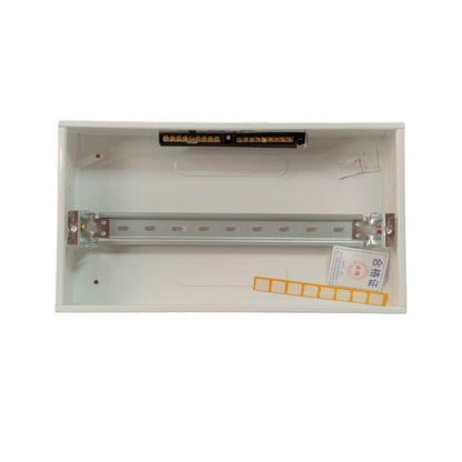 An open white electrical junction box or DIN rail enclosure with a silver metal rail inside, a black terminal strip at the top, mounting hardware, and a small orange-and-white tag on a plain white background.