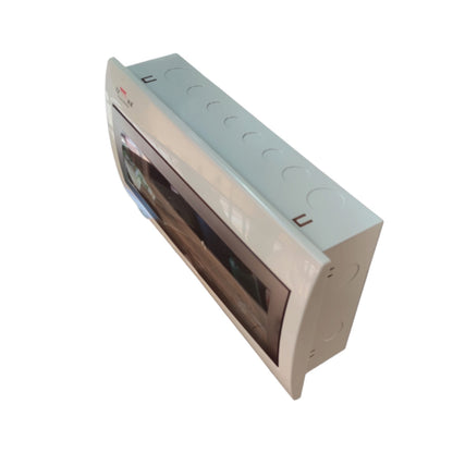 A white electrical distribution cabinet with a transparent front window showing internal components, photographed on a solid white background.