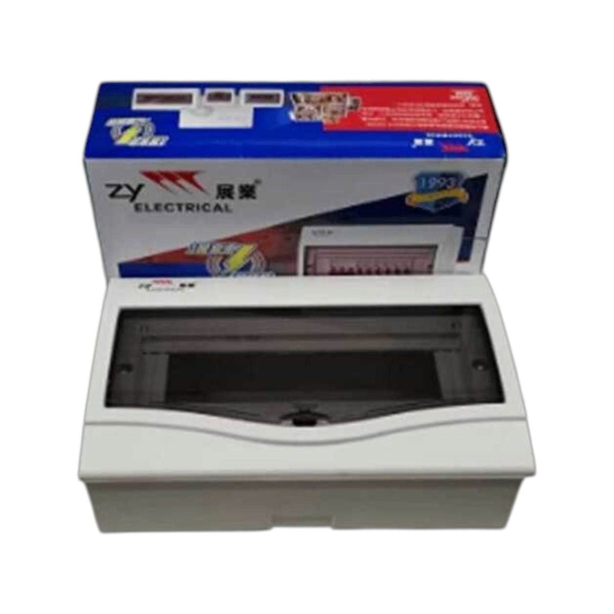 A white electrical distribution board cover with a transparent front window, shown in front of its blue and red branded packaging box on a white background.