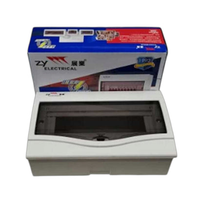 A white electrical distribution board cover with a transparent front window, shown in front of its blue and red branded packaging box on a white background.