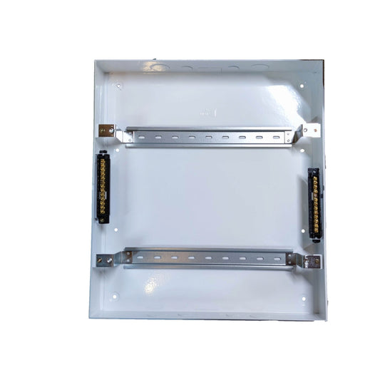 A white metal electrical junction box or panel with two horizontal silver metal mounting bars and two black connector blocks on the sides, shown against a plain white background.