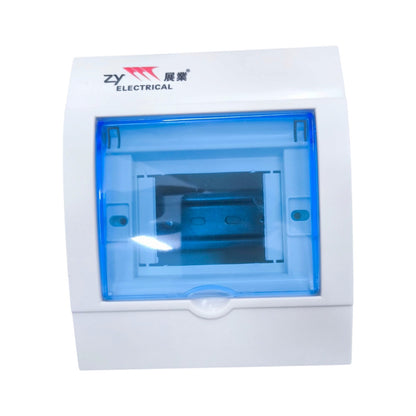 White electrical junction box with a translucent blue front cover and the 'ZY ELECTRICAL' logo printed on the top left, shown on a plain white background.