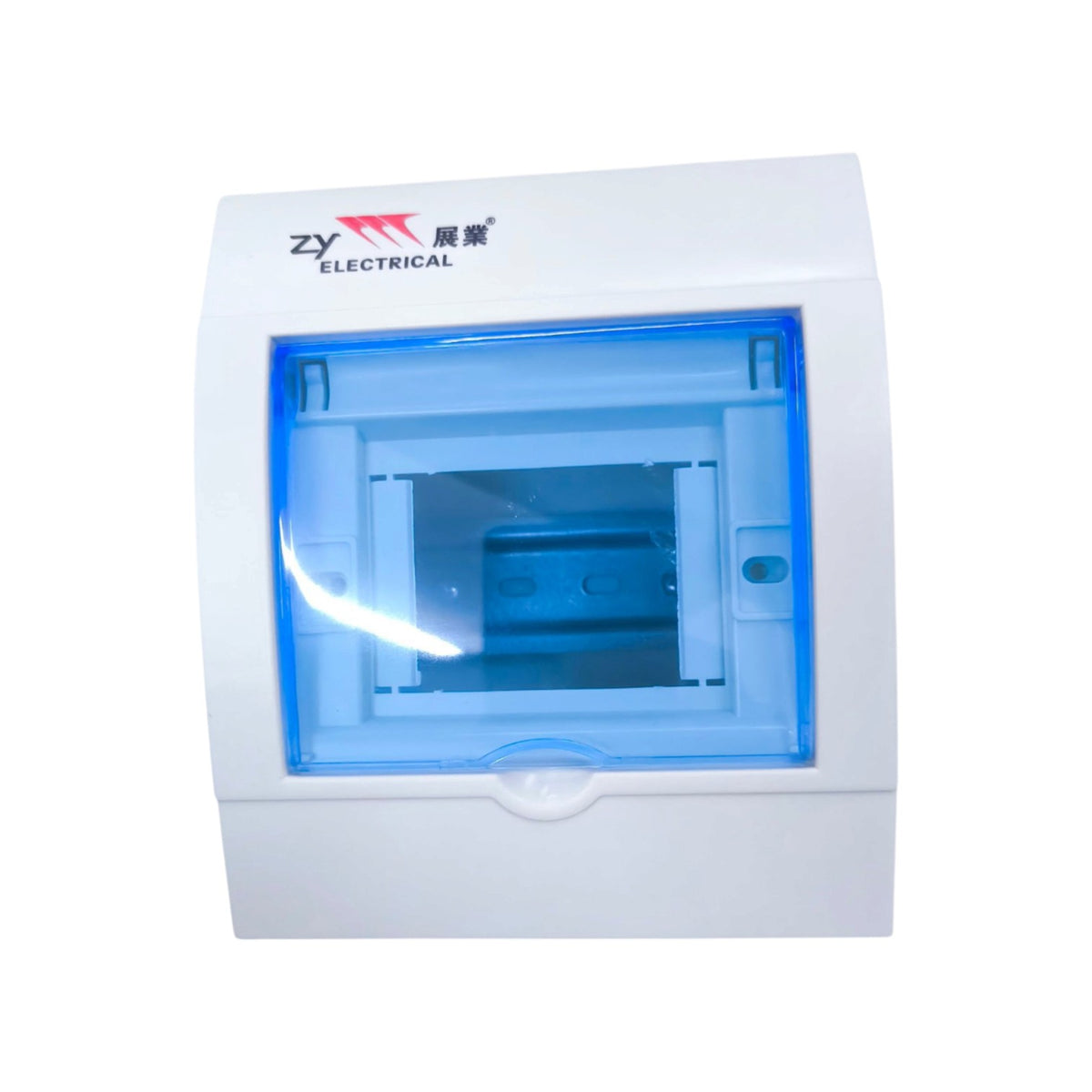 White electrical distribution box with a translucent blue front cover and a visible ZY Electrical brand logo on the top left.