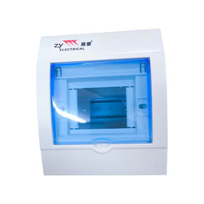 White electrical distribution box with a translucent blue front cover and a visible ZY Electrical brand logo on the top left.