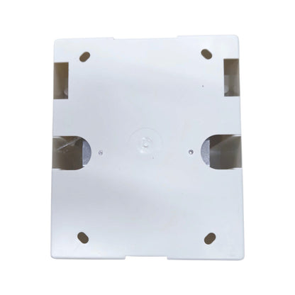 A white plastic mounting bracket or backplate with pre-drilled screw holes and cutouts, shown against a plain white background.