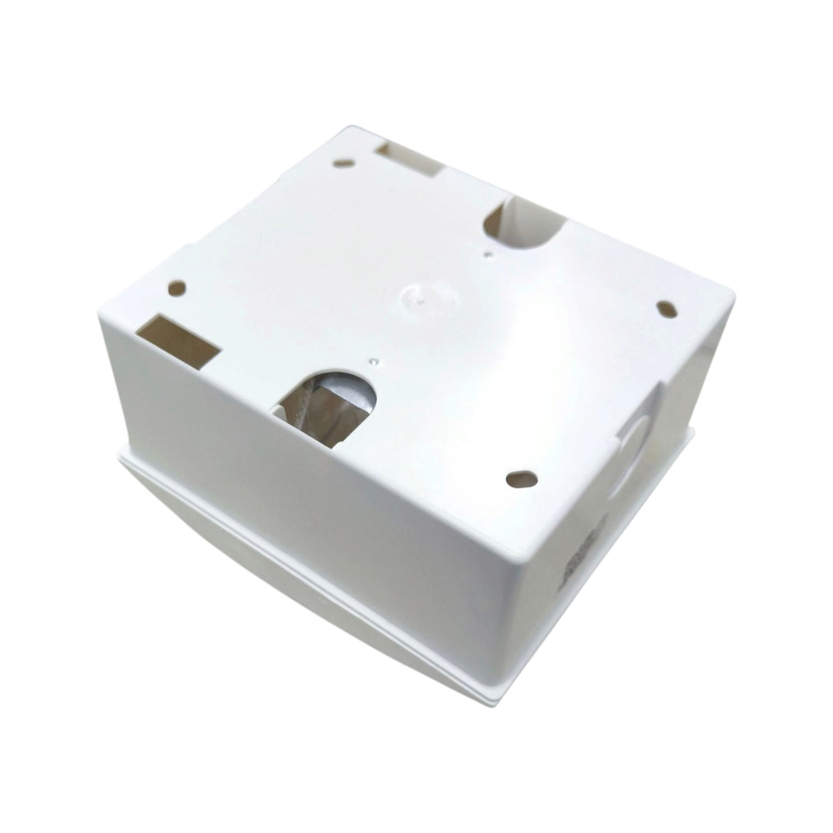 A white plastic electrical junction box or enclosure with pre-drilled screw holes and cutouts, shown on a plain white background.