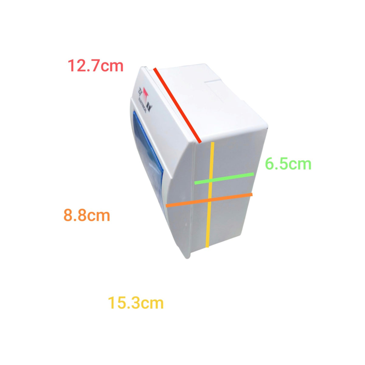A white rectangular electronic device with blue side accents, shown on a white background with overlaid red, green, orange, and yellow dimension lines and text labels indicating 12.7cm, 6.