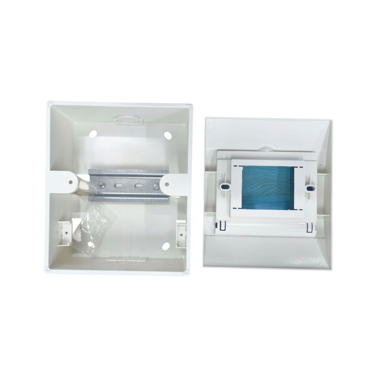 Two white plastic electrical junction boxes shown on a plain white background, one displaying the interior with a metal busbar and the other showing the front cover with a blue filter insert.
