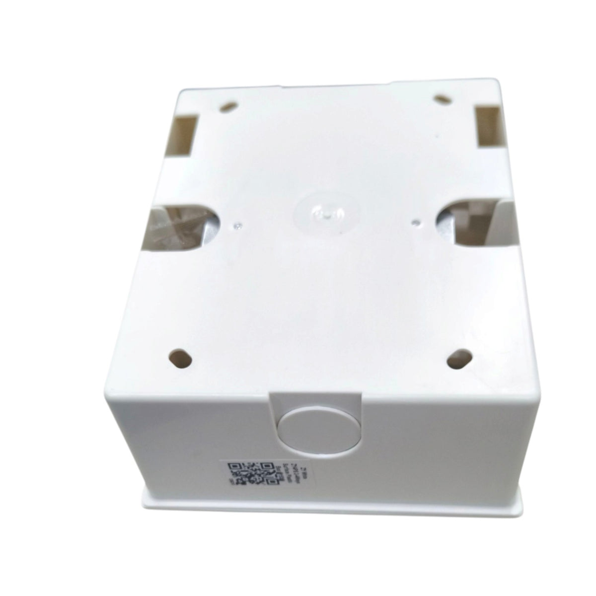 White plastic electrical junction box with mounting holes and a QR code label on the front, shown on a white background.
