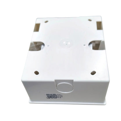 White plastic electrical junction box with mounting holes and a QR code label on the front, shown on a white background.