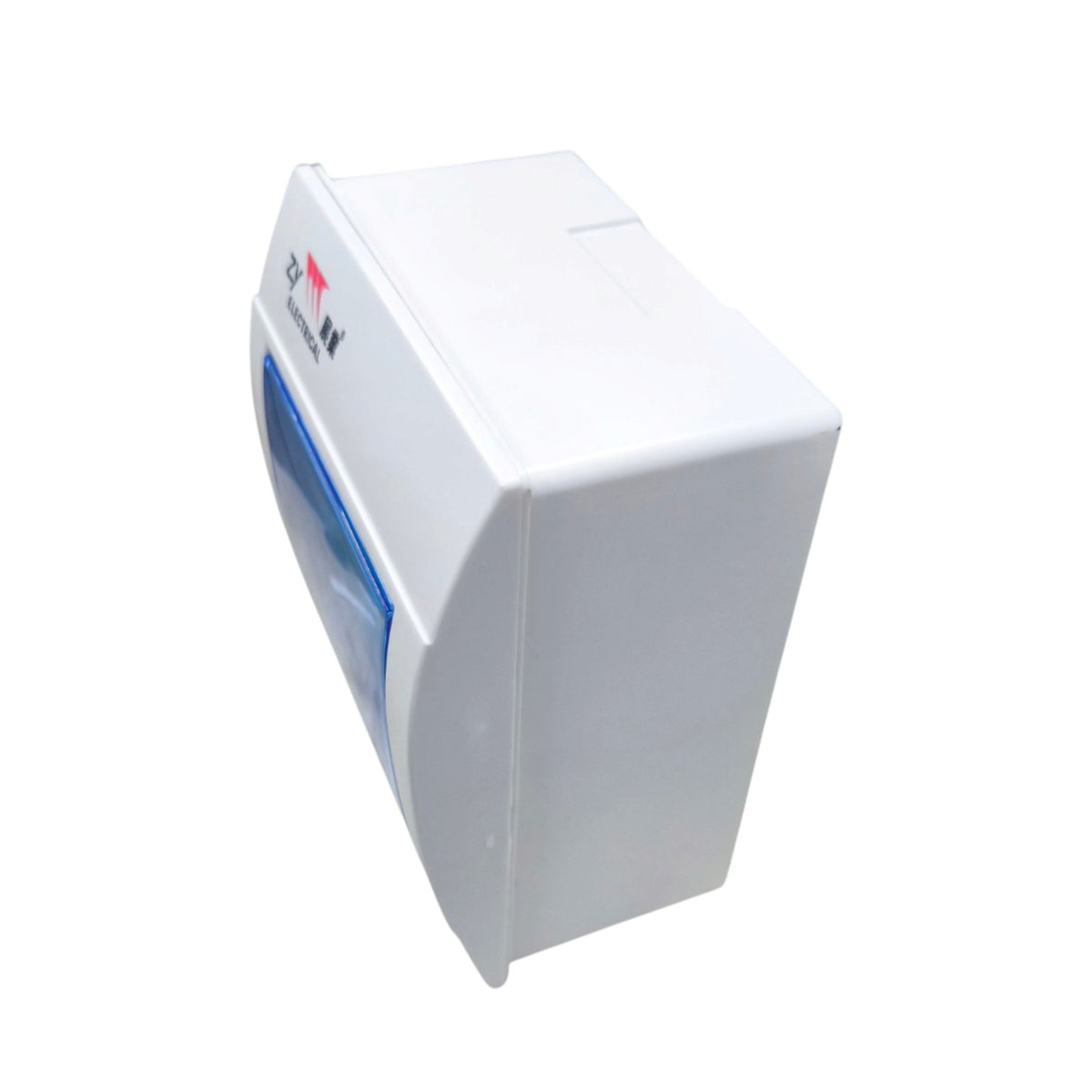 A white wall-mounted dispenser with a blue transparent window and a small red and black logo on the front, shown on a plain white background.