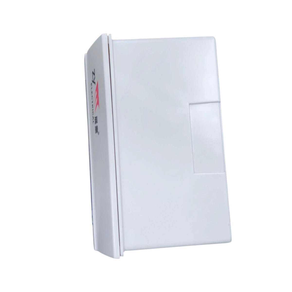 A white plastic electrical junction box or terminal block with a side label, shown at an angle on a plain white background.