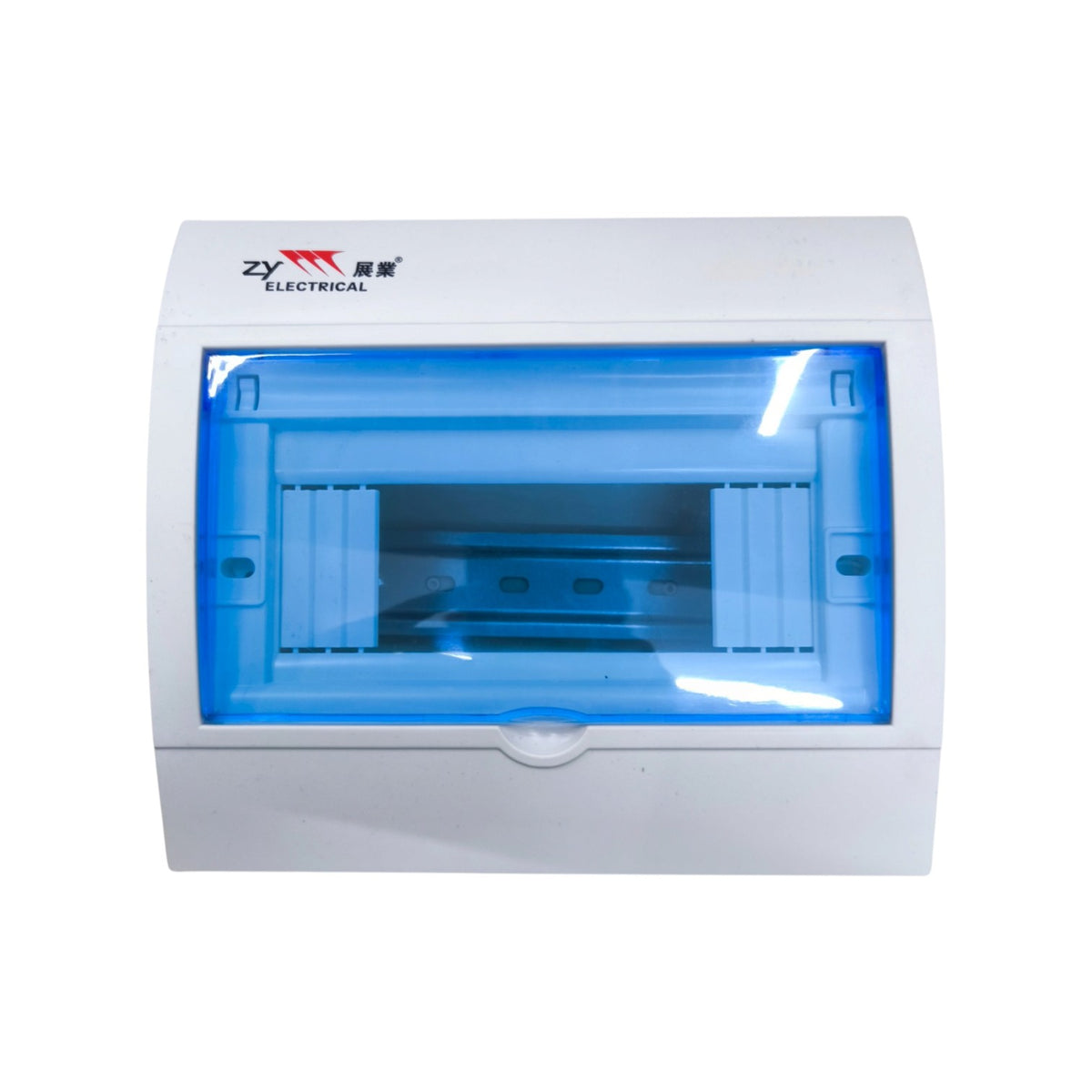 A white electrical distribution board cover with a translucent blue front window and a visible ZYX Electrical logo on the top left, shown against a plain white background.