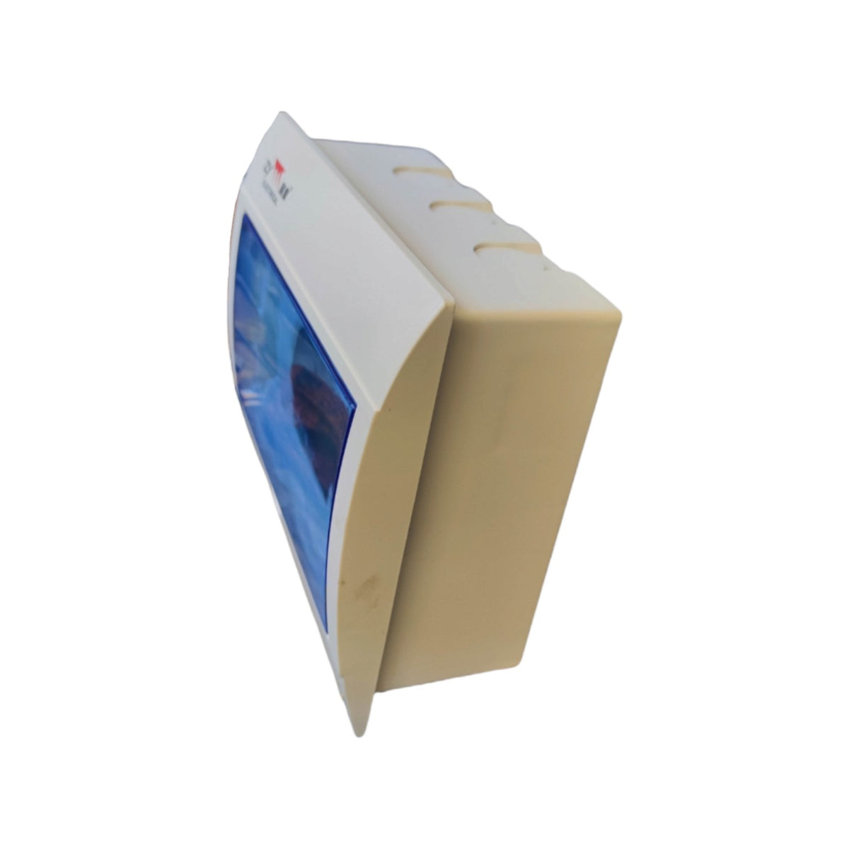 A beige plastic wall-mounted dispenser or control box with a blue-tinted front window, shown at an angle on a white background.