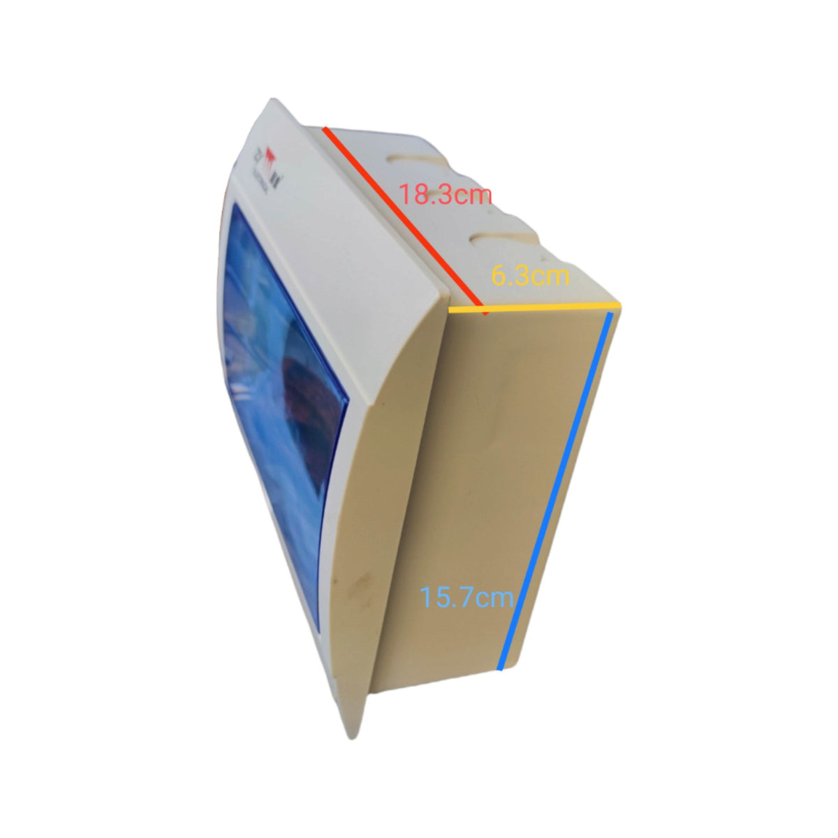 A beige wall-mounted display cabinet with a blue-tinted glass front, shown on a white background with red, yellow, and blue dimension lines and text indicating measurements of 19.3cm, 6.