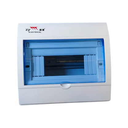 A white electrical distribution board cover with a translucent blue front window and a visible 'ZY ELECTRICAL' logo on the top left, shown against a plain white background.
