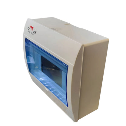 An industrial wall-mounted electrical switch box with a beige plastic housing and a blue translucent window, shown on a plain white background.