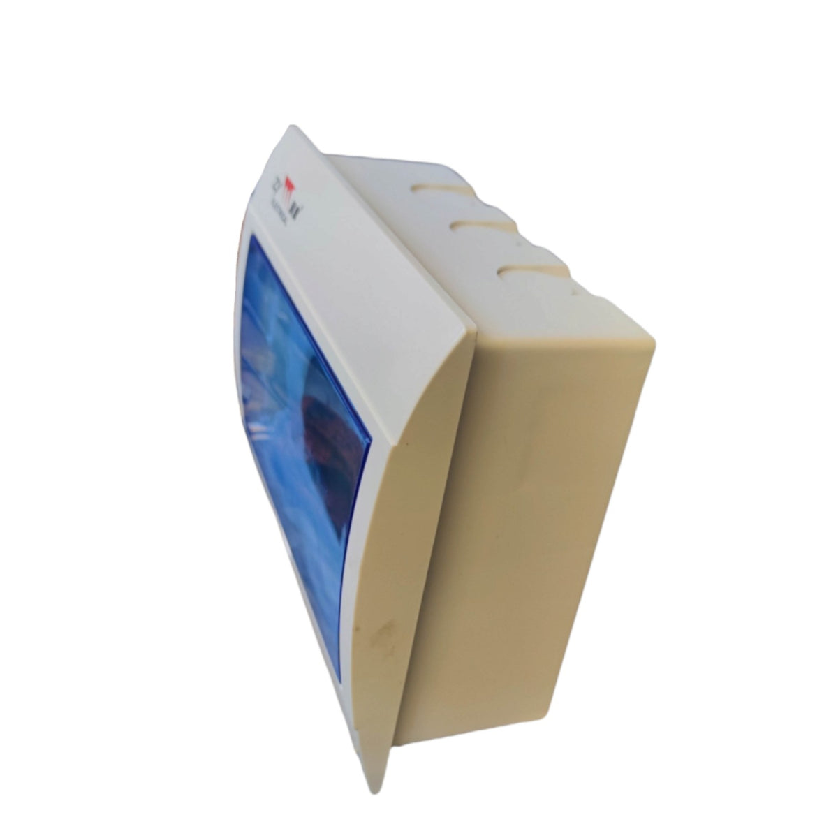 A beige plastic wall-mounted dispenser or control box with a blue-tinted front window, shown at an angle on a white background.