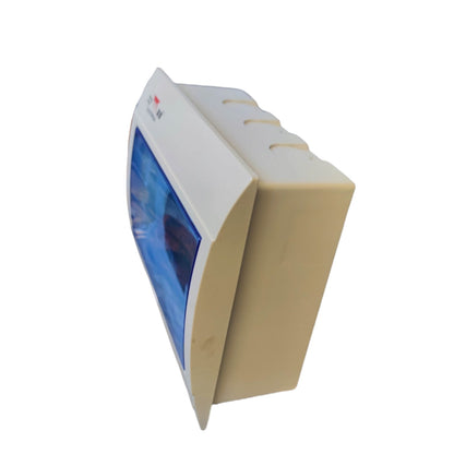 A beige plastic wall-mounted dispenser or control box with a blue-tinted front window, shown at an angle on a white background.