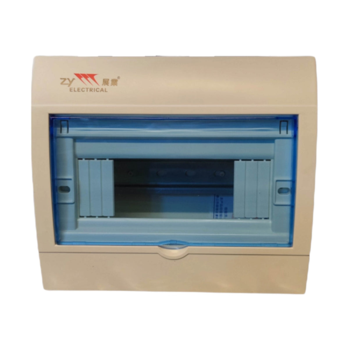 A beige electrical distribution board cover with a blue translucent front panel and a visible ZY Electrical brand logo on the top left.
