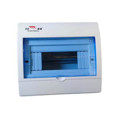 A white electrical distribution box with a blue translucent front cover and a visible internal terminal strip, branded 'ZY ELECTRICAL' on the top left.