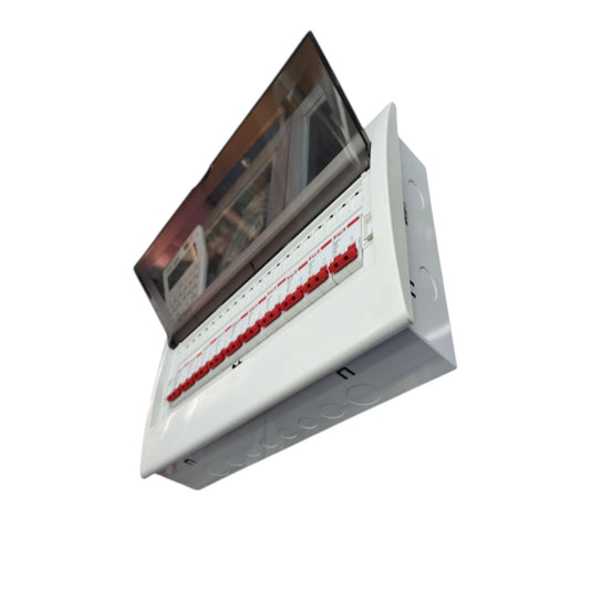 A white electrical distribution board or switch panel with multiple red and white toggle switches, shown at an angle on a plain white background.