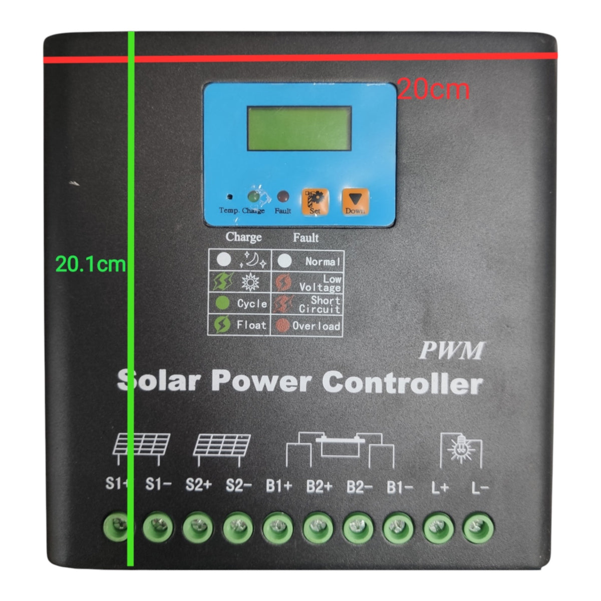 A black solar power controller with a blue LCD display, green terminal buttons, and white printed labels, shown on a plain white background with red and green dimension markings indicating 20cm by 20.1cm.