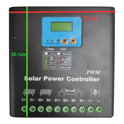 A black solar power controller with a blue LCD display, green terminal buttons, and white printed labels, shown on a plain white background with red and green dimension markings indicating 20cm by 20.1cm.
