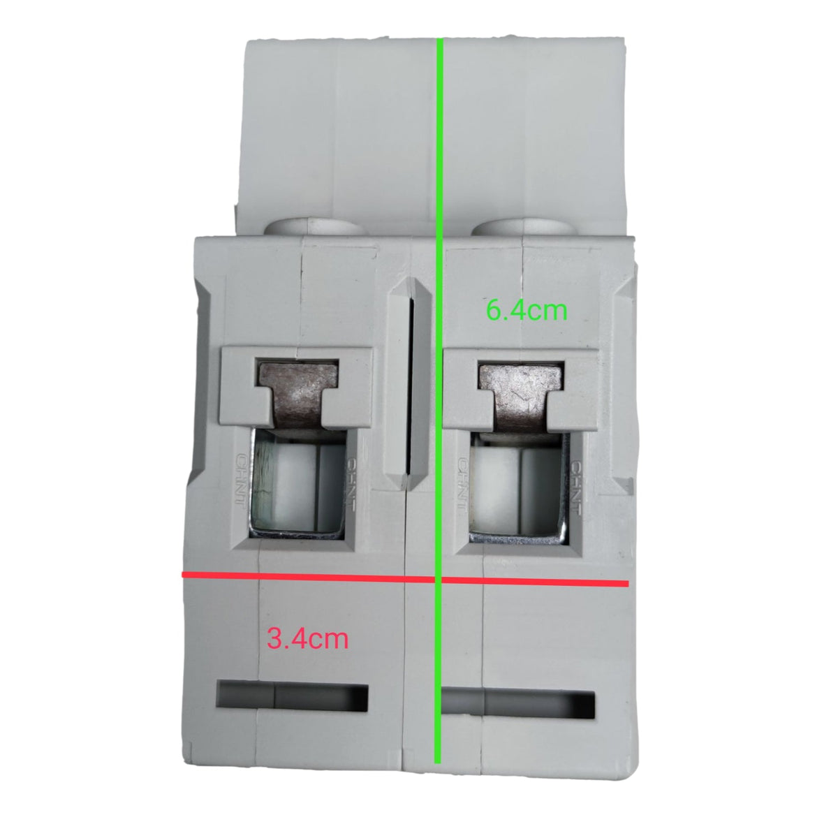 Electrical circuit breaker with measurements on a white background