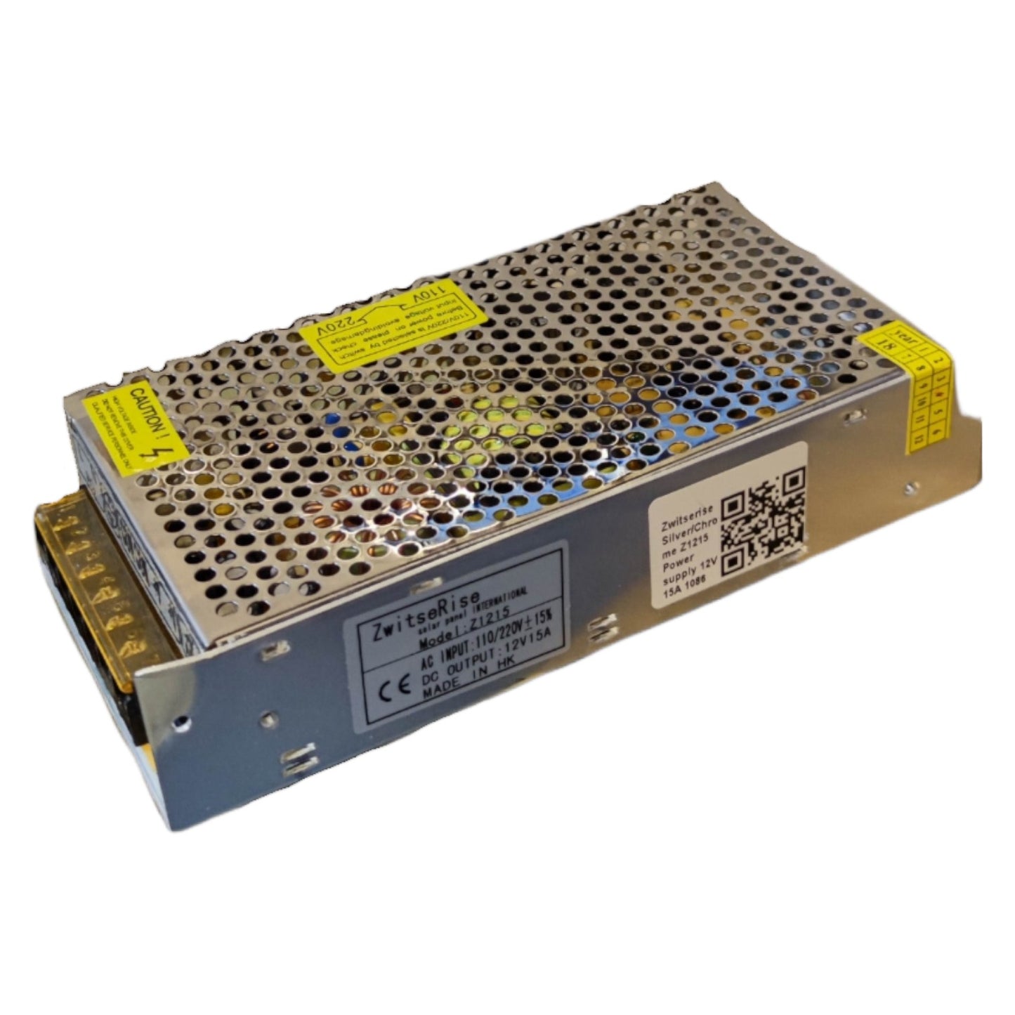 Rectangular electronic power supply unit with visible branding and specifications on a white background