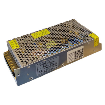 Rectangular electronic power supply unit with visible branding and specifications on a white background