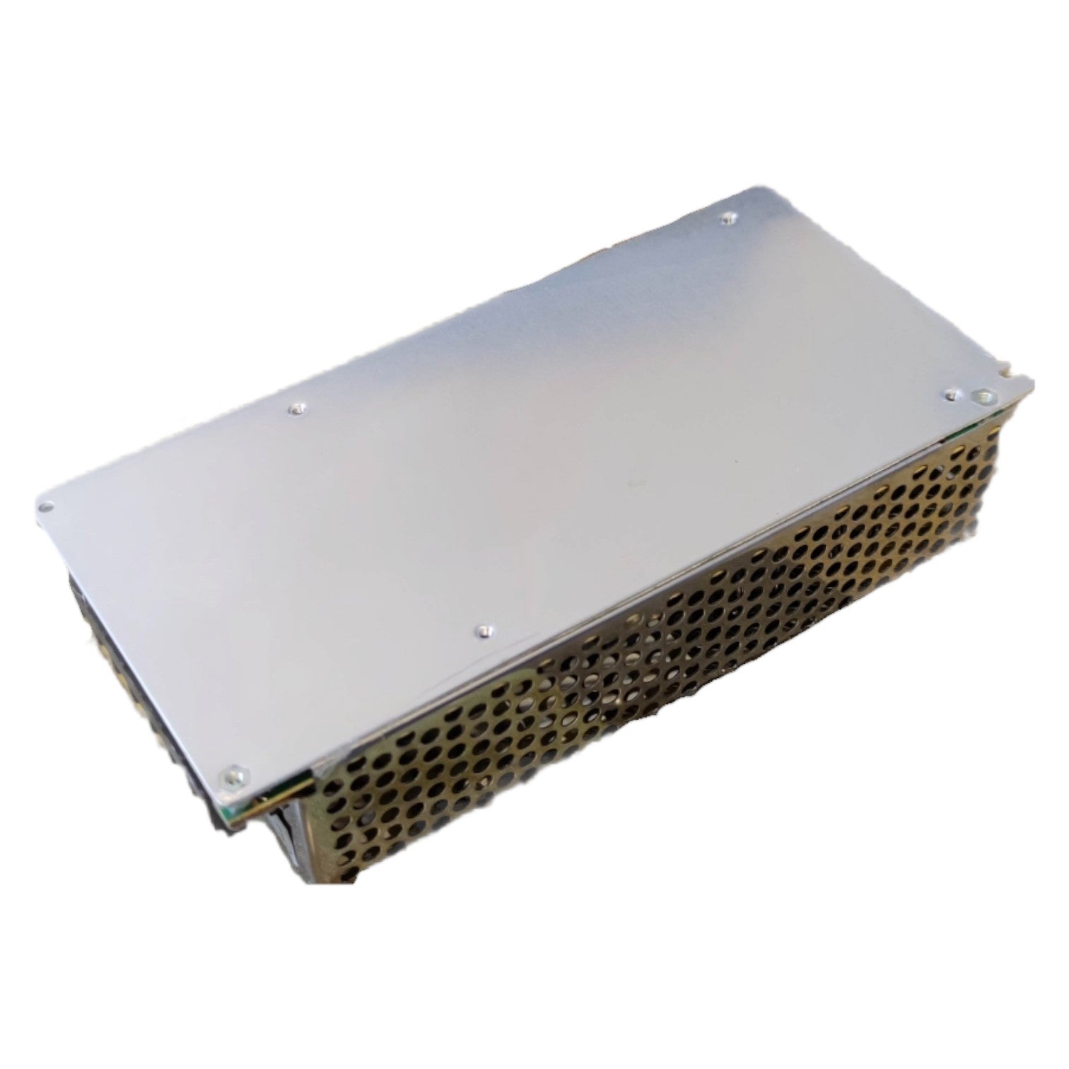 Rectangular metal box with a perforated design on a white background