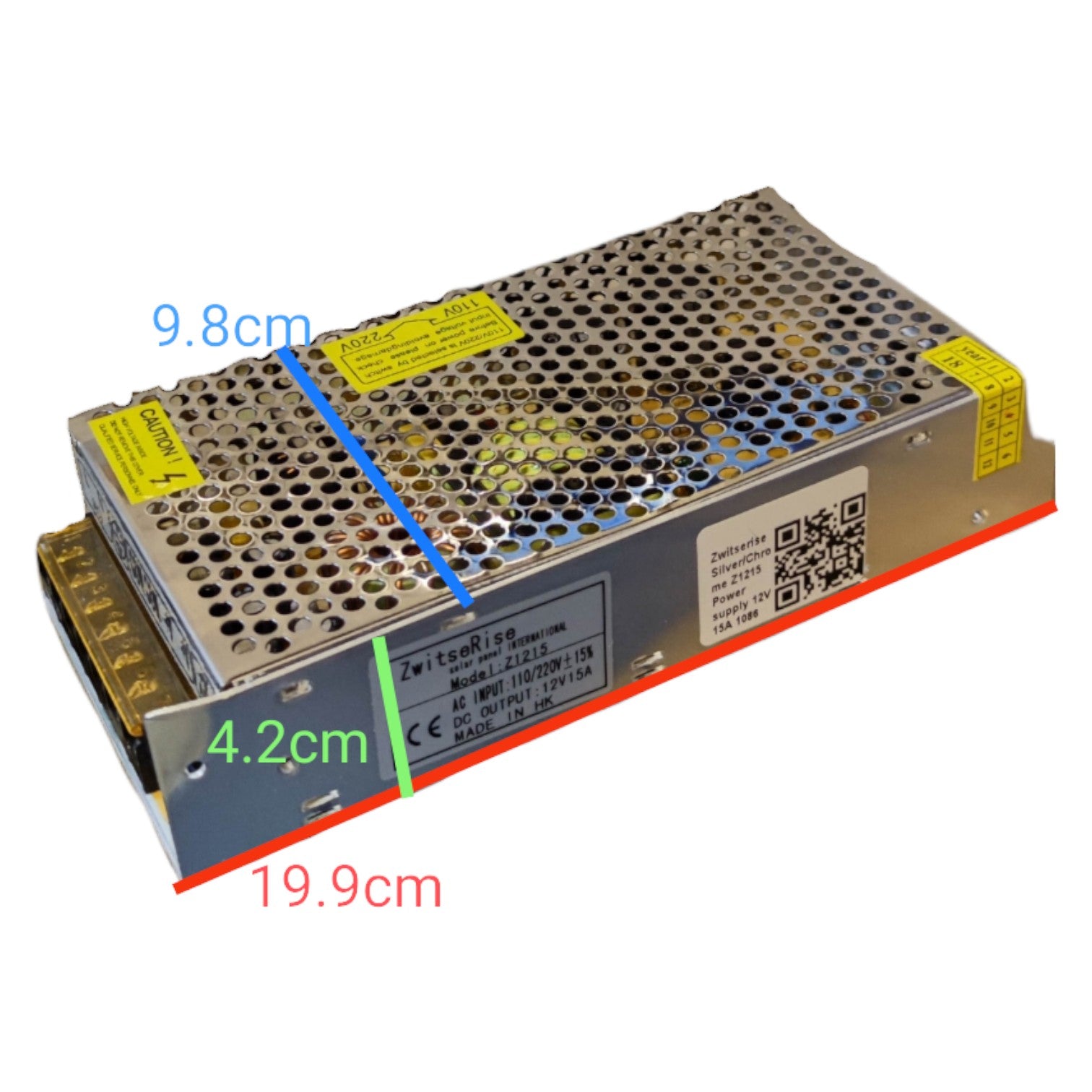 Rectangular electronic component with dimensions labeled on a white background